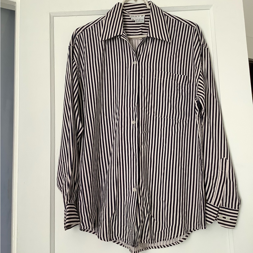 Tracy M Navy Blue/White Striped Silk Button Front Top